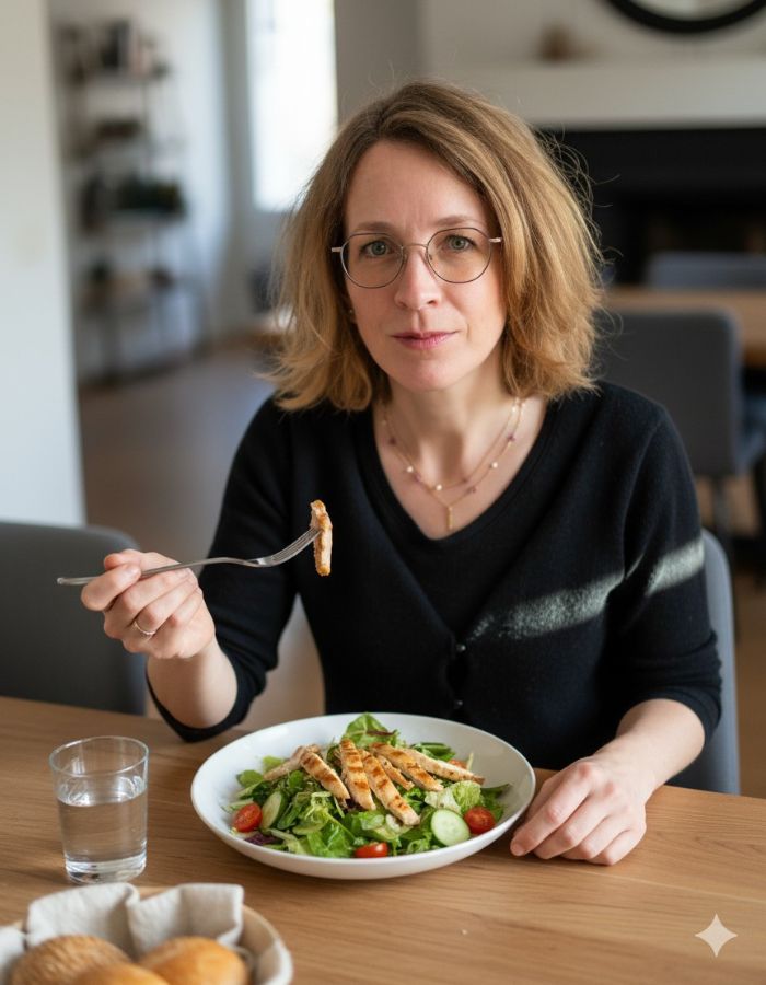 Vrouw eet gezonde maaltijd met salade als onderdeel van voeding en mentale gezondheid